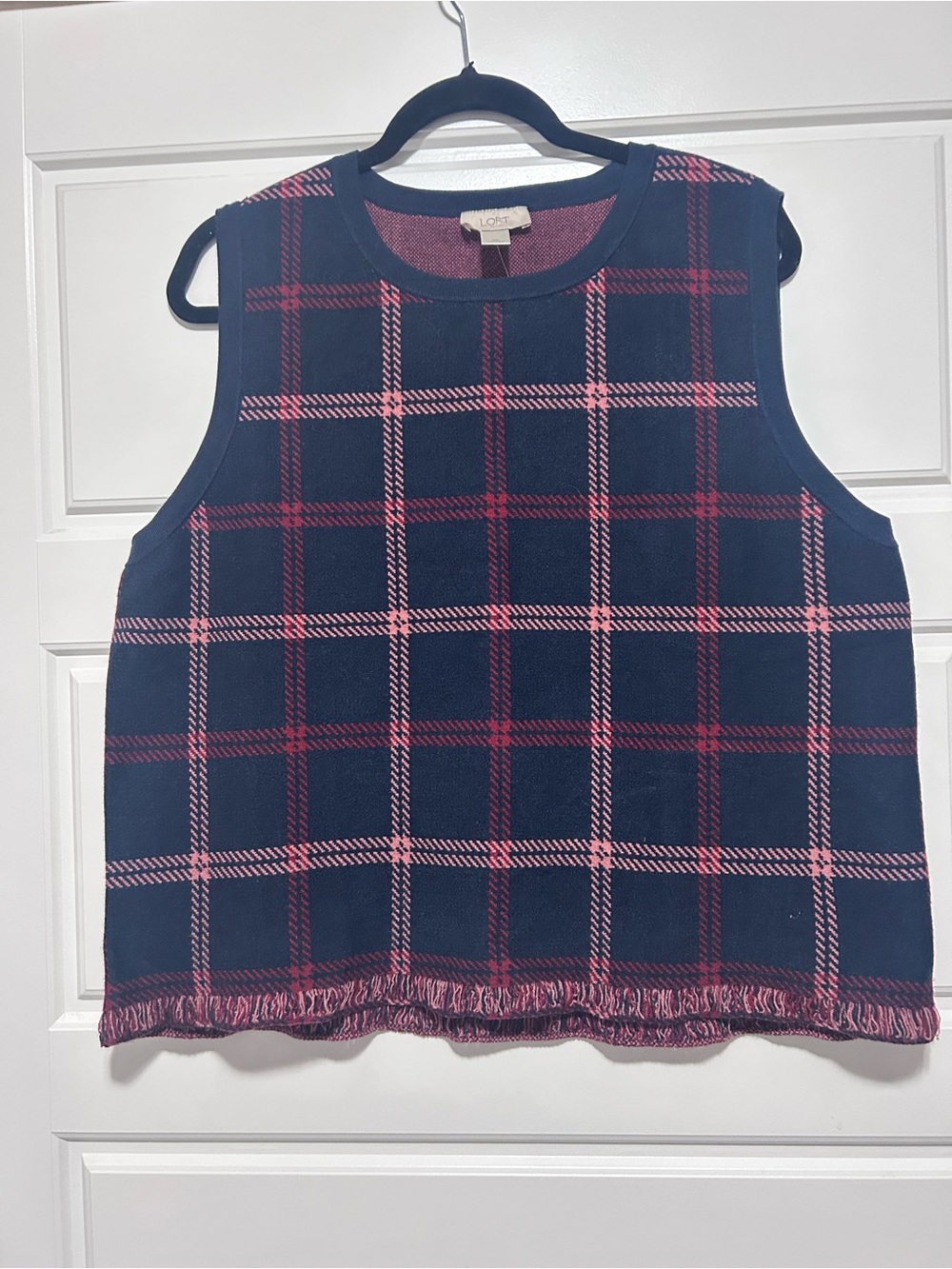 LOFT Navy & Pink Plaid Sleeveless Sweater Top